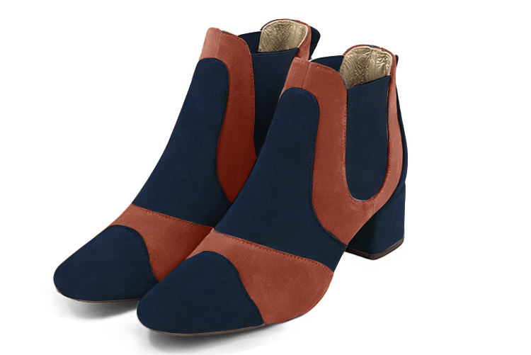 Navy blue and terracotta orange women's ankle boots, with elastics. Round toe. Low flare heels. Front view - Florence KOOIJMAN